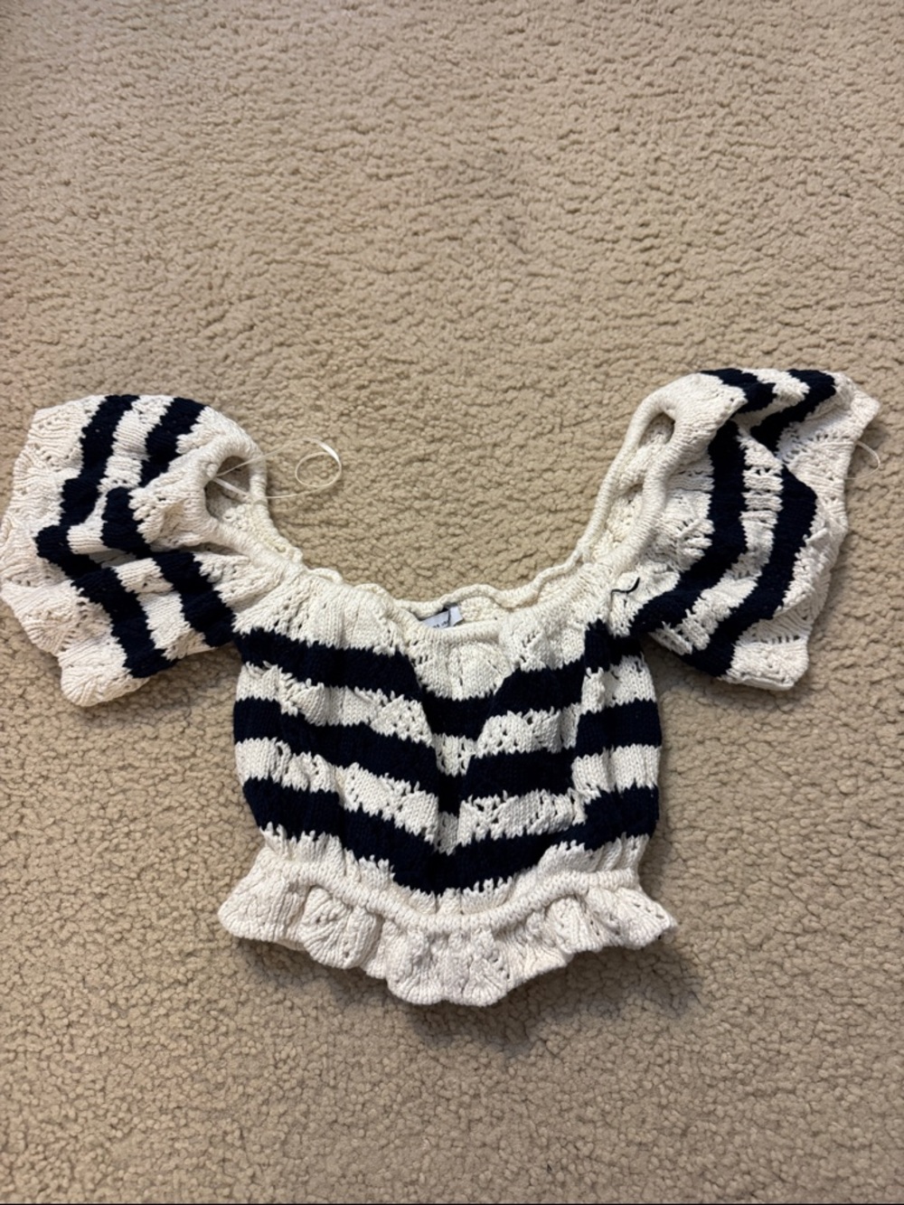 Zara Navy and Cream Striped Crochet Crop Top